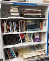 Full bookshelf showing a variety of books stacked and arranged on three shelves including atlases, reference and foreign language books.