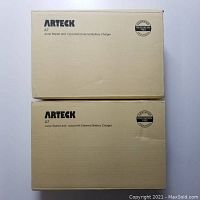 Two beige original boxes labeled 'Arteck A7 Jump Starter and 12000mAh External Battery Charger' stacked on top of each other.