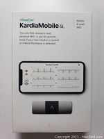 Front of the AliveCor KardiaMobile 6L box showing branding and device image with smartphone displaying 6-lead EKG graph.