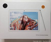 Box of the 10 inch Android tablet showing front image and 64GB capacity.
