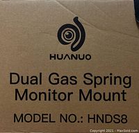 Box with HUANUO logo and model number HNDS8 indicating dual gas spring monitor mount