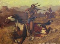 Close-up of painting showing bareback indigenous horseman riding and firing rifle against landscape