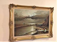 Full frontal view of the painting and ornate gilt frame hanging on wall