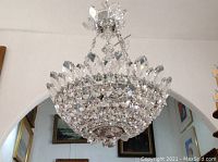 Front view of hanging crystal basket chandelier