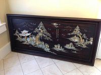 Full view of rosewood panel with mother-of-pearl inlay showing entire Asian scene and frame