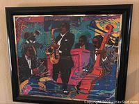 Full view of framed painting depicting four jazz musicians