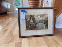 Full view of the framed vintage harbor scene artwork with Dutch boats.