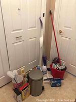 Photo showing assortment of cleaning supplies including mops, brushes, trash can, dustpan, dusters and floral waste baskets placed near white doors on tiled floor.