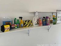 Shelf with garden herbicide bottles, automotive safety kit pouch, large jug liquid, and other assorted bottles and cans.
