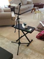 Wide shot showing adjustable black piano bench with black Yorkville microphone stand set on and behind bench, Radial reverb box on bench