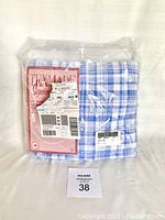 Packaged double flannel sheet in clear plastic bag, blue and white plaid pattern visible.