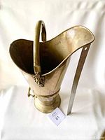 Front and side view of the tall brass scuttle showing the flared top and lion head handle detail.