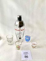 Full lot showing the cocktail shaker and four shot glasses arranged on a white background.