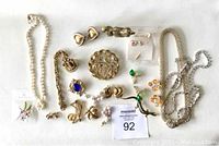 Photo showing collection of assorted vintage costume jewelry laid out flat on white background including necklaces, bracelets, earrings, brooches, and pins.