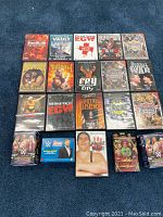 Photo showing all 16 WWE DVDs and 4 WWE trading card boxes arranged on carpeted floor