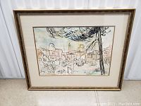 Full view of the framed watercolour painting showing a cityscape in muted earth tones with a tree in the foreground.