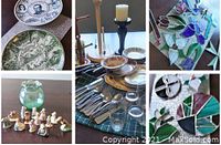 Various dishes, cutlery, candle holder, stained glass pieces, tea figurines spread on a table for overview.