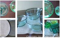 Assorted glassware and pizza stone items grouped together including clear bowls, vintage green glass dishes, and pizza stone with lid