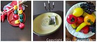 Three photo collage showing decorative chili pepper wall hangings, pale yellow serving platter with small bowl of olives, and ceramic bowl filled with colorful glass fruit and vegetable decorations