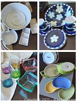 Four white serving bowls and snack dishes alongside cheerful floral pattern tea set cups and plates