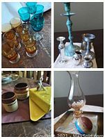 Six colorful glasses displayed on a table: 4 amber, 2 turquoise, including wine and tumbler styles