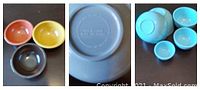 Three shots showing various views of the bowls including stack, individual colors, and bottom markings