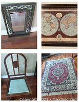 Four-item grouping showing small rocking chair with green seat, framed world map, decorative mirror, and area rug on hardwood floor.