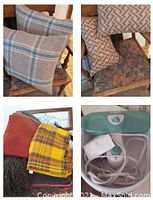 Collage showing pillows on antique chair, assorted throws, and footbath device with power cord