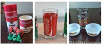 Coca Cola tall glass with red logo, smaller festive Coca Cola glass, two white retro Coca Cola serving bowls