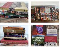 Assortment of Hollywood-themed books and magazines laid flat showing multiple covers including Time magazine and other commemorative issues