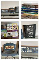 Rustic bathroom decor including handmade soap holder, metal bath sign, and hygiene instruction sign