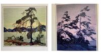 Two framed prints side by side showing pine trees in various lighting from bright to dusk