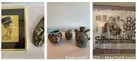 Three-part photo showing framed Egyptian Princess print, heavy plaster African mask, three small pottery pieces, and a larger textile print with Egyptian motifs.