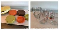 Photo showing 5 assorted Tupperware container lids and vented inserts in orange, brown, green, and yellow with a portion of the serving dish.