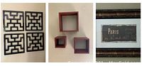 One photo showing four black ceramic wall art panels with geometric maze-like pattern, three wooden box shelves mounted on the wall, and a framed Paris wall picture