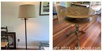 Photo showing both the checkerboard table and floor lamp side by side, confirming the two distinct items in the lot.