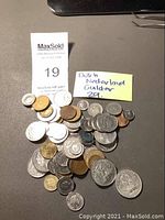 Photo showing the full collection of 29 older Dutch Netherlands guilders coins in a pile with a note indicating 'Dutch Nederland Guilder 29'.