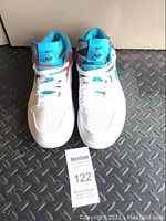 Front view of the pair of Nike Air Jordan sneakers in white with blue tongue, showing N7 tag on tongue and overall condition.