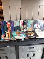 Photo showing a spread of approximately 15 of the older vinyl albums, including some Elvis Presley and various artists with colorful and photographic covers.