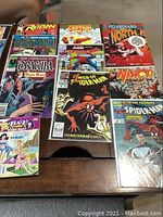 Photo showing 12 assorted comic books arranged on a table, featuring Spider-Man, Batman, Captain Canuck, Namor, Guardians of the North, Robin, Dracula, and others. Some comics are protected in plastic sleeves.