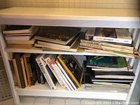 Shelf filled with a stacked assortment of travel and regional books in worn condition.