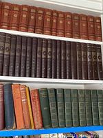 Full view of multiple shelves showing various vintage literature book sets, including reddish-brown Dickens Works series, dark brown Digests of World Literature, Masterplots, and other titles.