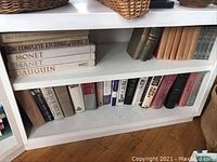 Bookshelves containing assorted art, antique, fiction, and biography books, mostly hardcover, in worn condition.