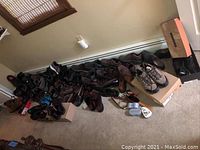 Wide view of multiple pairs of men's shoes laid on carpet, including hiking shoes, dress shoes, and loafers, some in boxes.