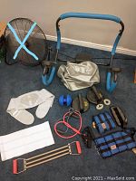 Overall view of equipment on blue carpet, Ab Sculptor Roller front and center with exercise ball, weights, belts and bands around it. Fan partially visible but not included.