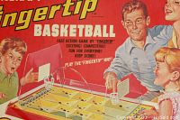 Close-up of original game box artwork showing the Fingertip Basketball branding and a family illustration.