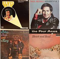 Photo of four vinyl record covers: Elvis Forever, Neil Sedaka, Peter Paul and Mary, and The Four Aces.