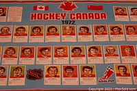 Wide shot of the full hockey poster showing Team Canada player portraits, Canadian and Soviet flags, and 'Hockey Canada 1972' title.