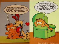 Two Garfield posters shown side-by-side: one with Garfield and Odie with thought bubble about game rules, the other with Garfield on a green chair thinking about boredom.