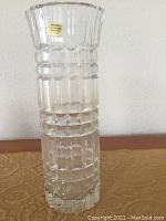 Full view of the clear lead crystal vase with geometric faceted patterns.